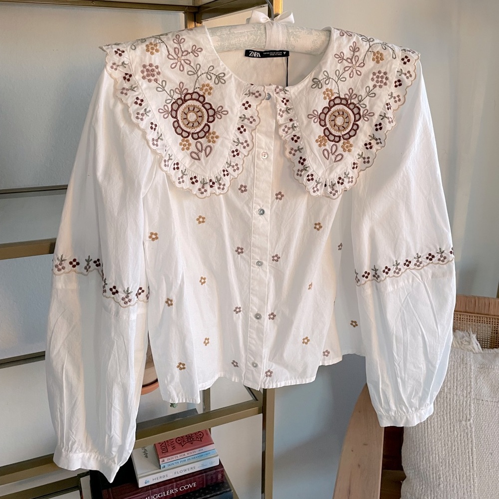 Zara Embroidered Babydoll Collar Shirt
